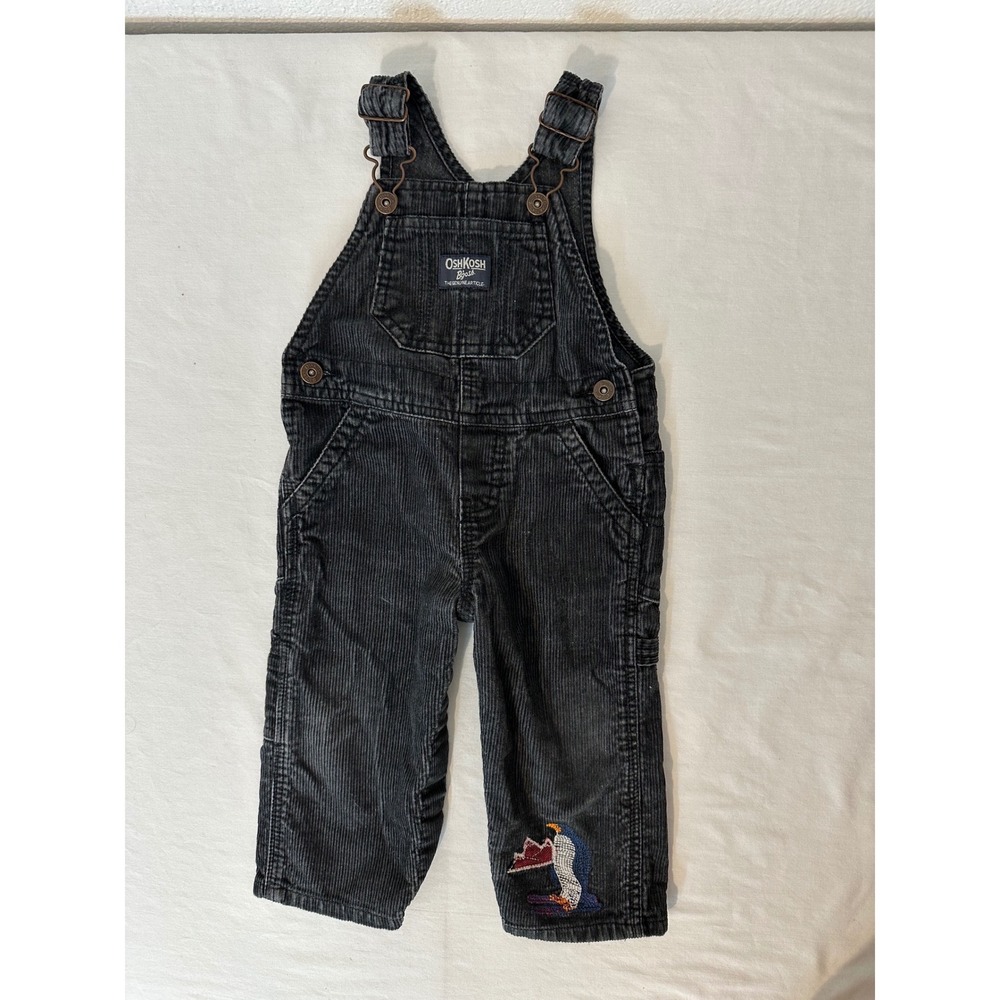 OshKosh Bgosh Kids 12M Black Corduroy Overalls Penguin Embroidery Vestbak